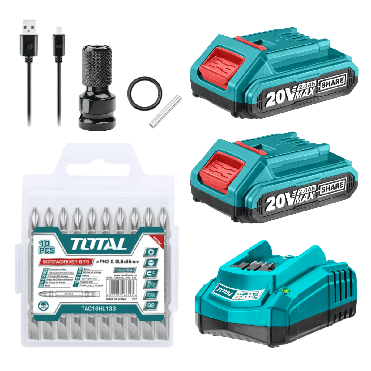 Combo Llave de impacto 20v + lampara magnética + dados y puntillas Total3