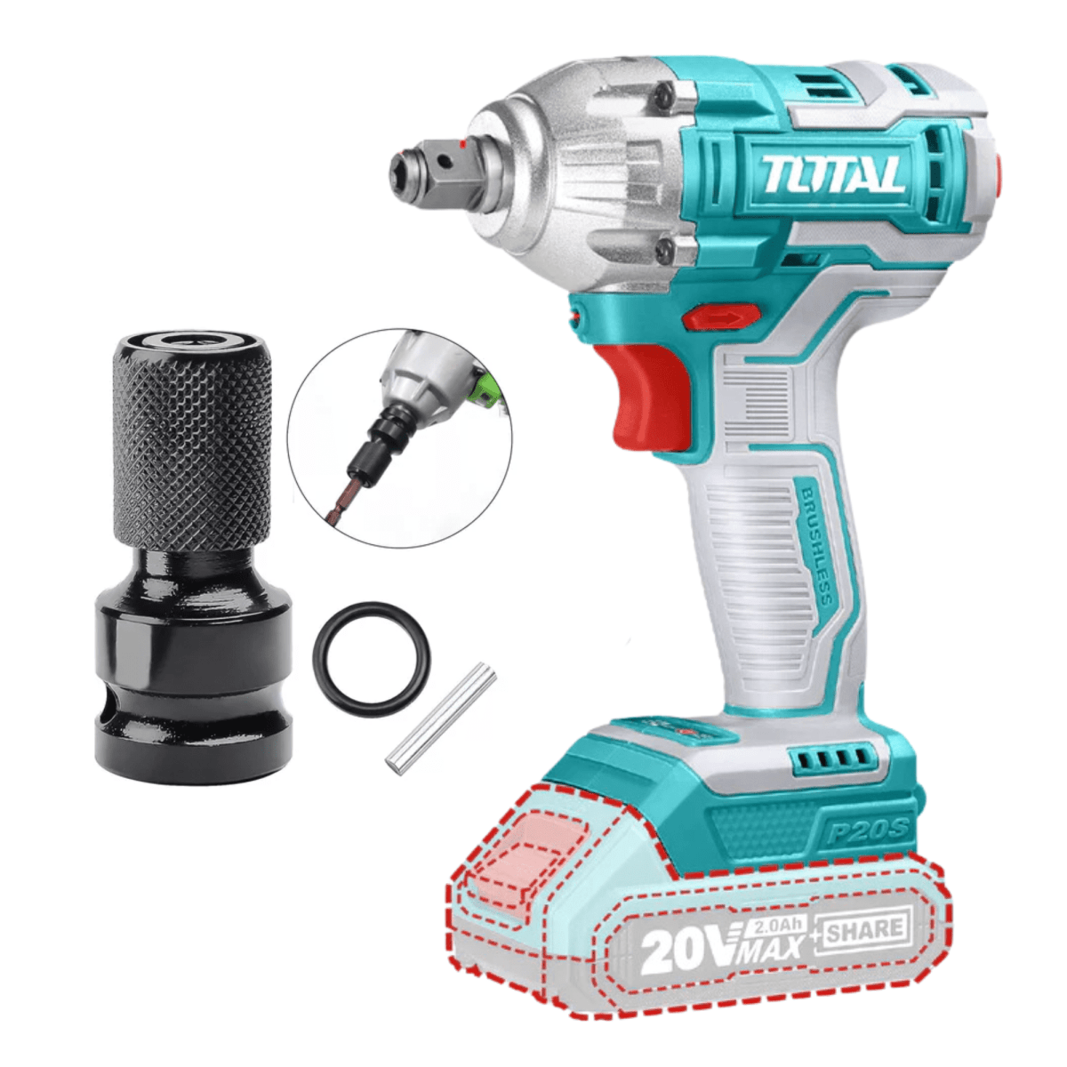 Combo Llave de impacto 20v + lampara magnética + dados y puntillas Total4