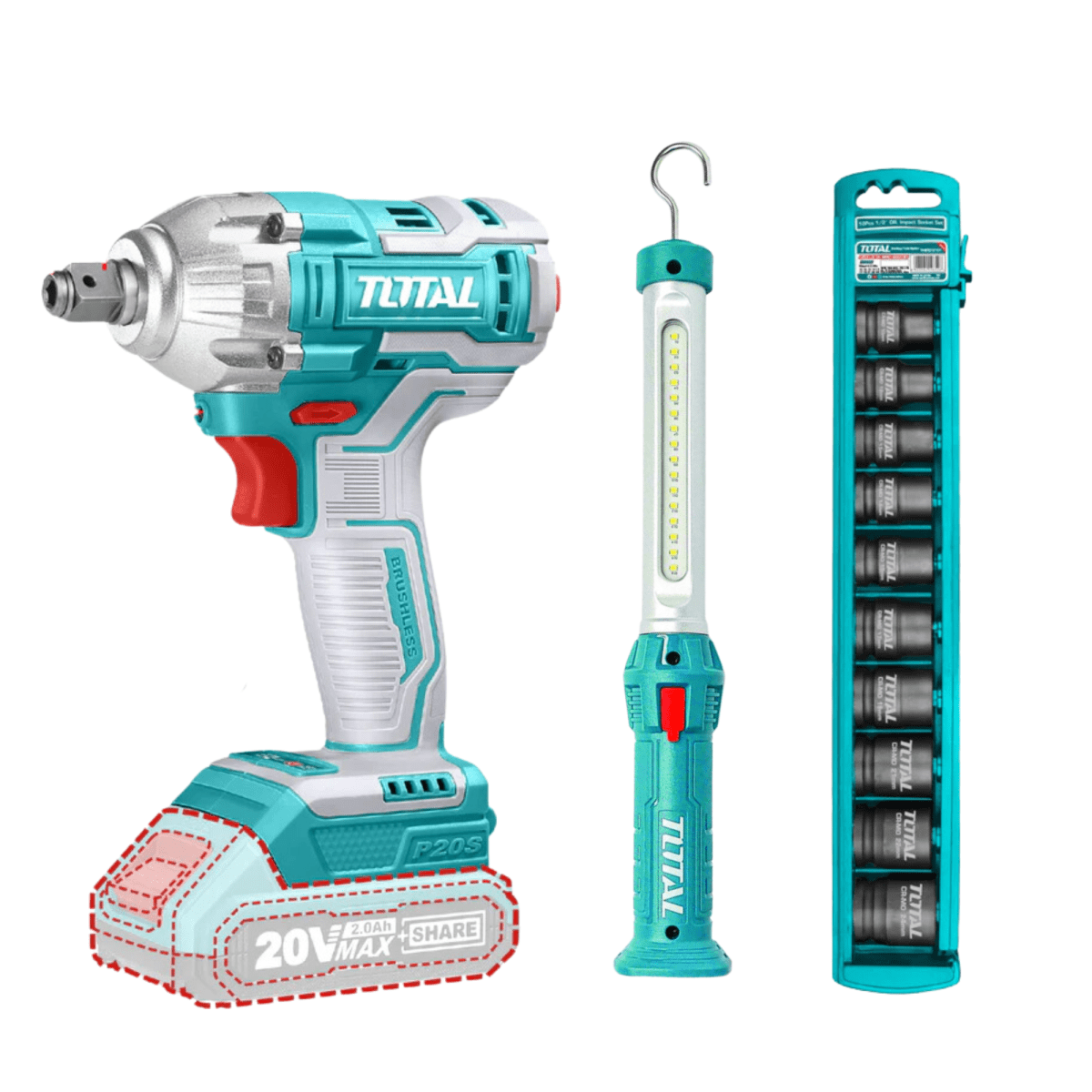 Combo Llave de impacto 20v + lampara magnética + dados y puntillas Total2