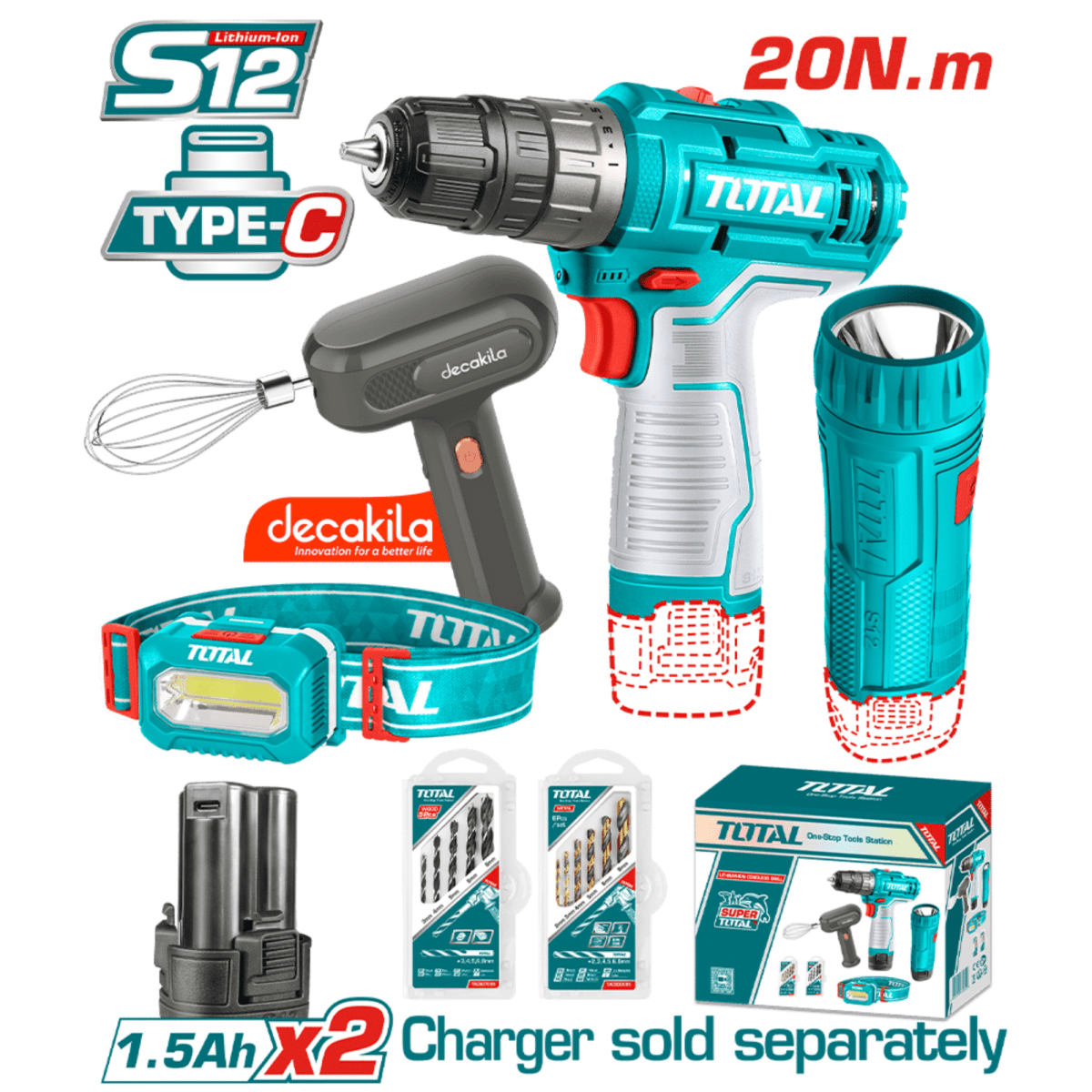 Taladro 12v + linterna + lampara + batidora Total2