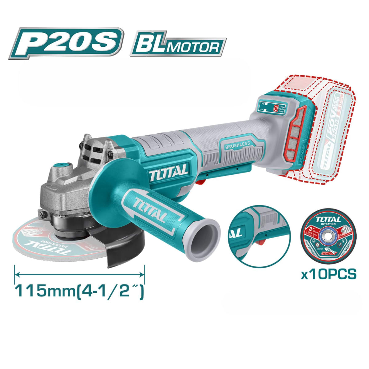 Taladro percutor + llave de impacto 850nm + rotomartillo + amoladora Total4