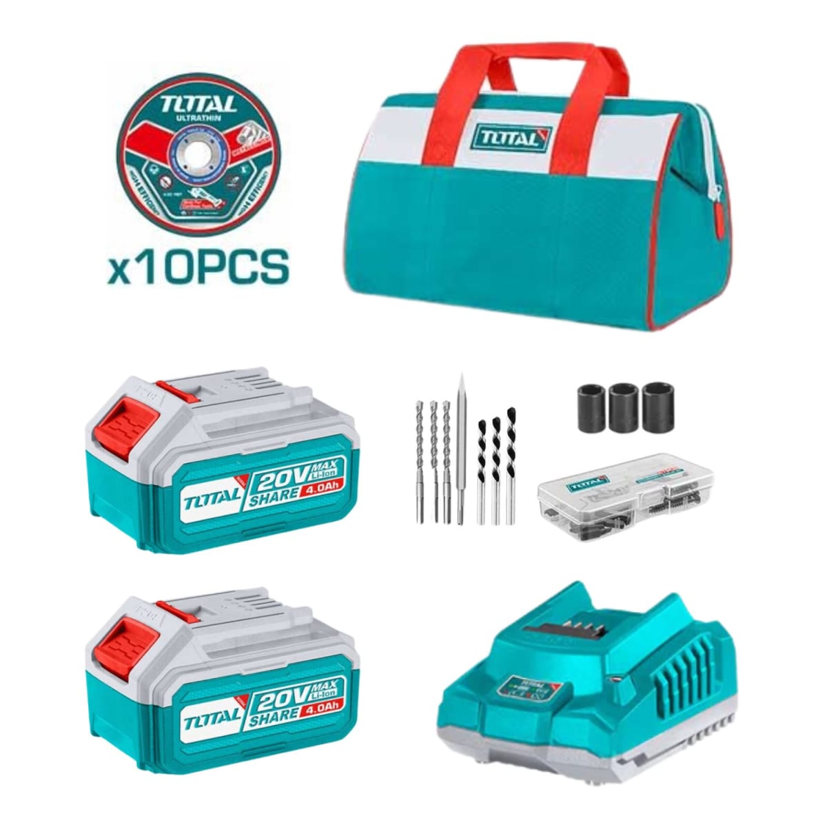 Taladro percutor + llave de impacto 500nm + rotomartillo + amoladora Total2