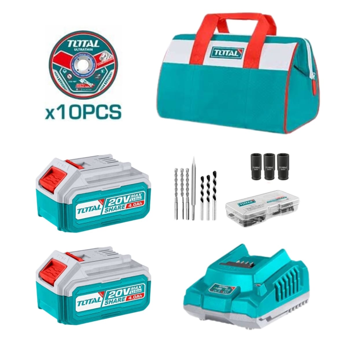 Taladro percutor + llave de impacto 850nm + rotomartillo + amoladora Total2