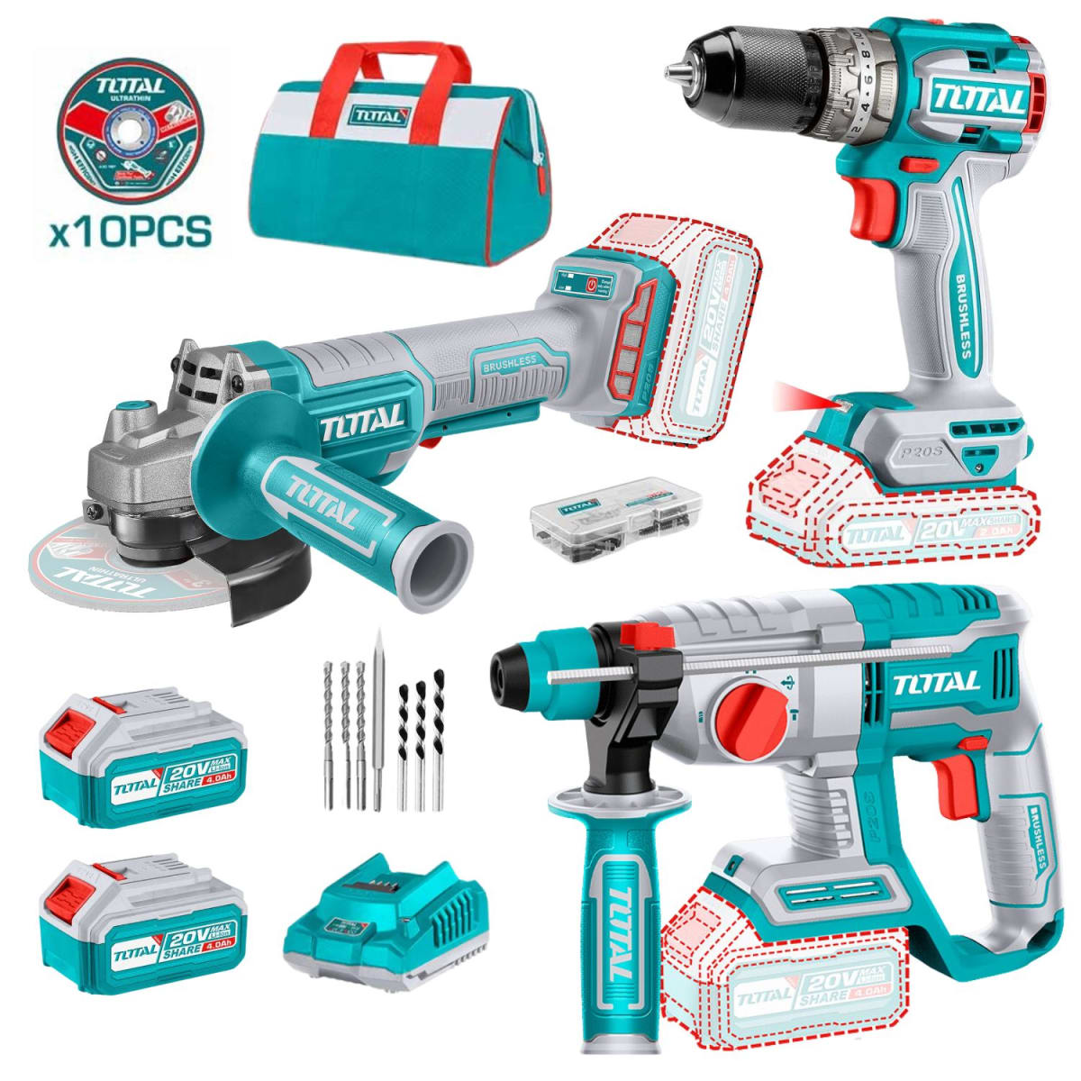 Taladro percutor + llave de impacto 500nm + rotomartillo + amoladora Total7