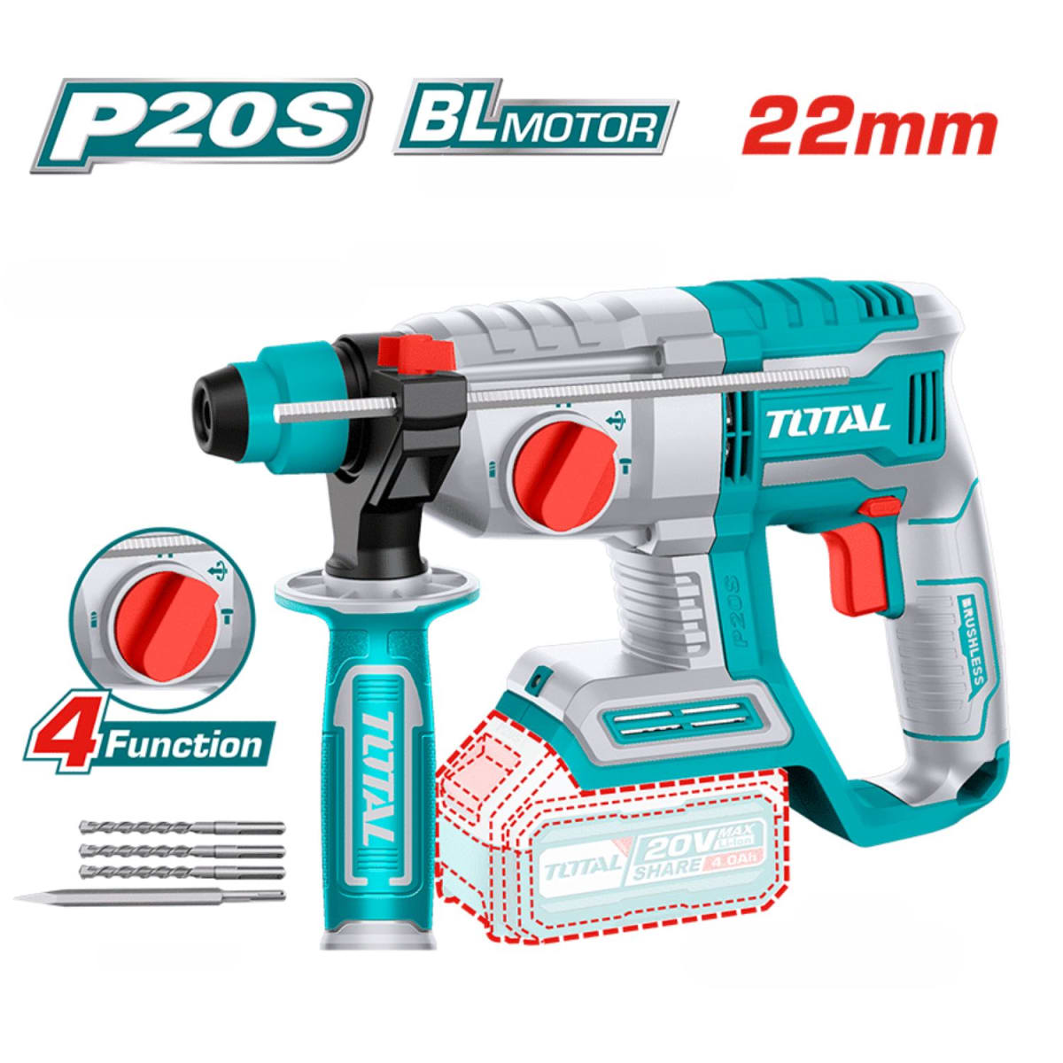 Taladro percutor + llave de impacto 500nm + rotomartillo + amoladora Total4