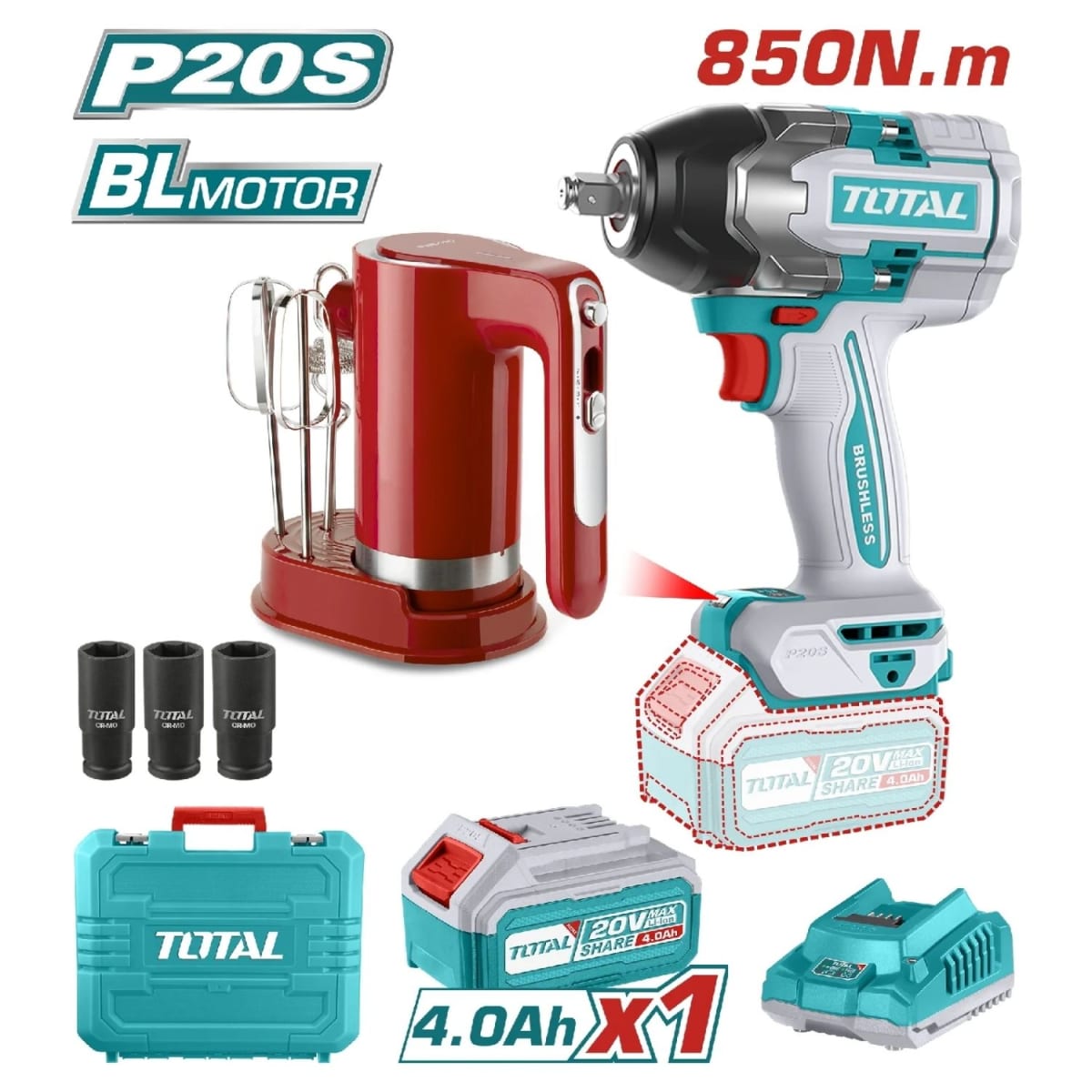 Llave de impacto 850nm + bateria 4ah + cargador Total + batidora2