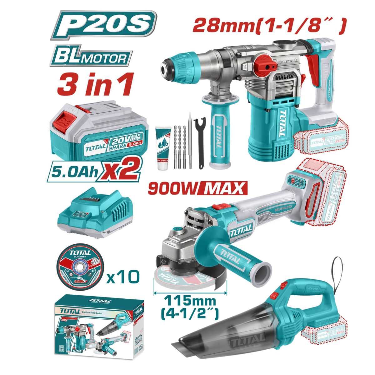 Combo Rotomartillo + Amoladora + Aspiradora industrial Total2