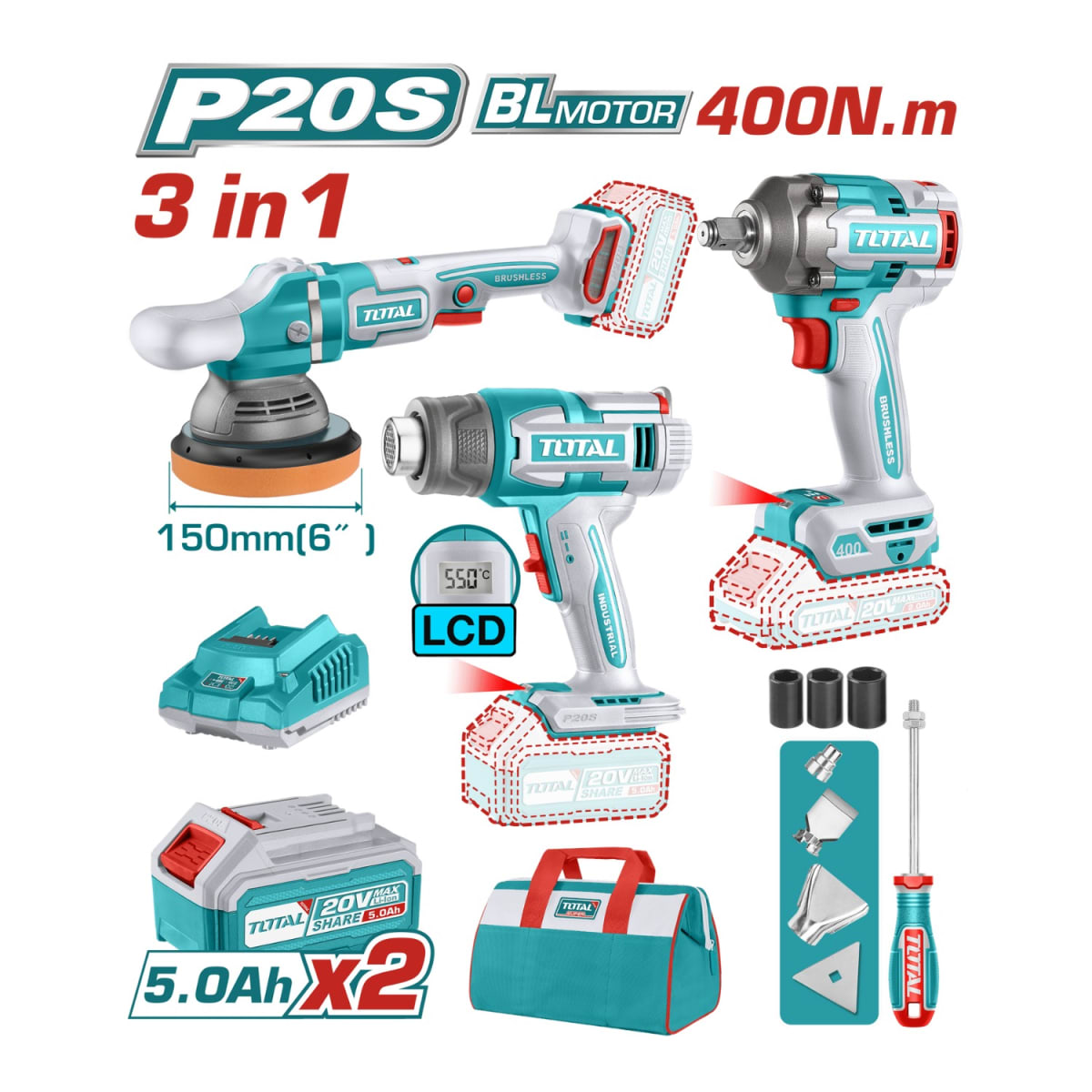 Combo llave de impacto + pistola de calor + pulidora industrial Total2