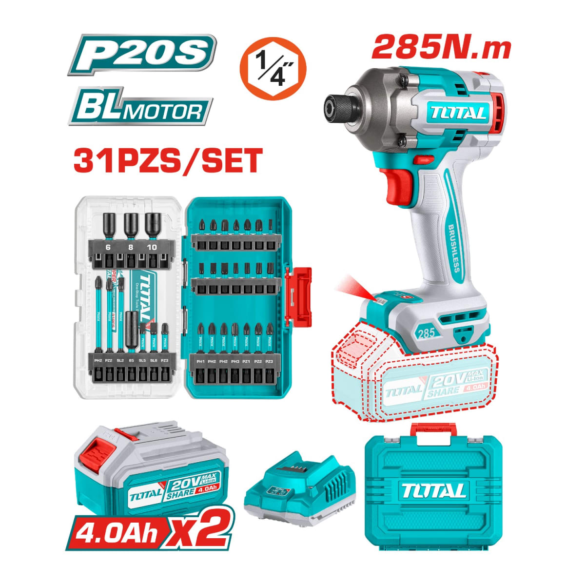 Atornillador de impacto 20v Brushless 285Nm + punteros total2
