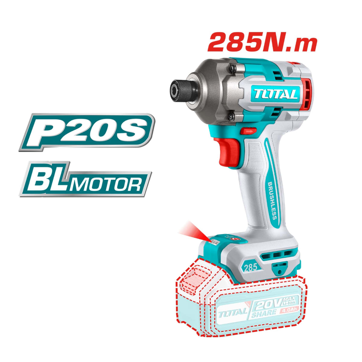 Atornillador de impacto 20v Brushless 285Nm + punteros total3