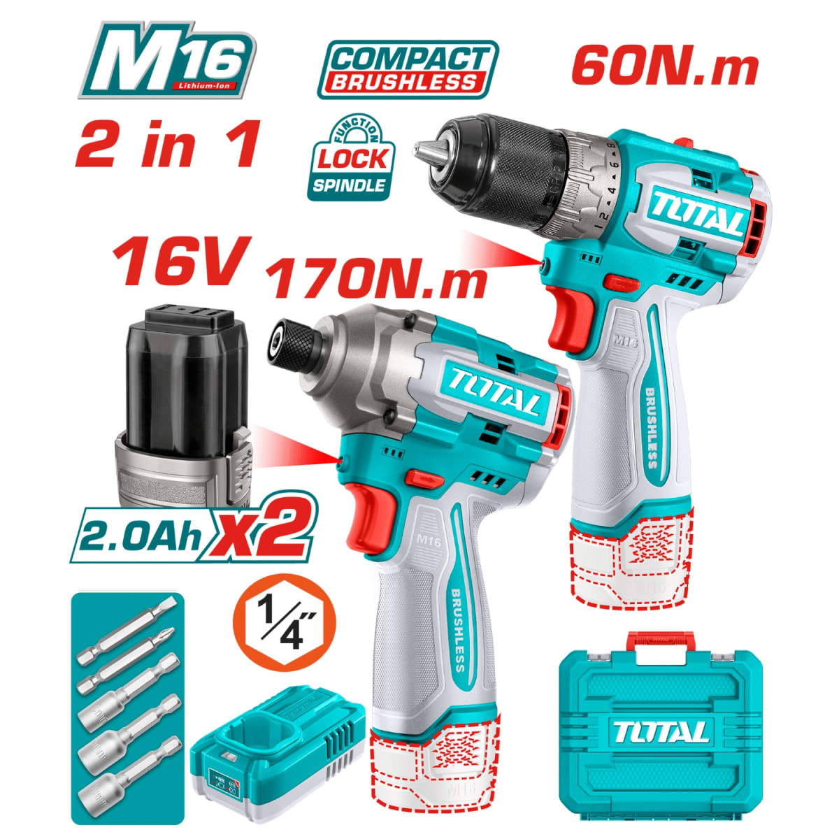 Combo Taladro Atornillador 60nm + Atornillador de Impacto 170nm 16v Total2