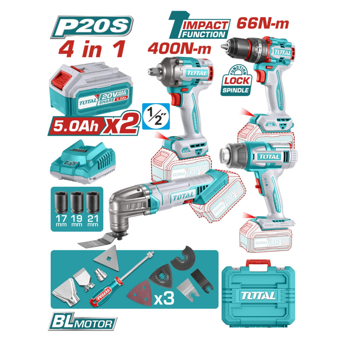 Taladro percutor 66nm + llave de impacto + pistola de calor + herramienta multifunción Total2