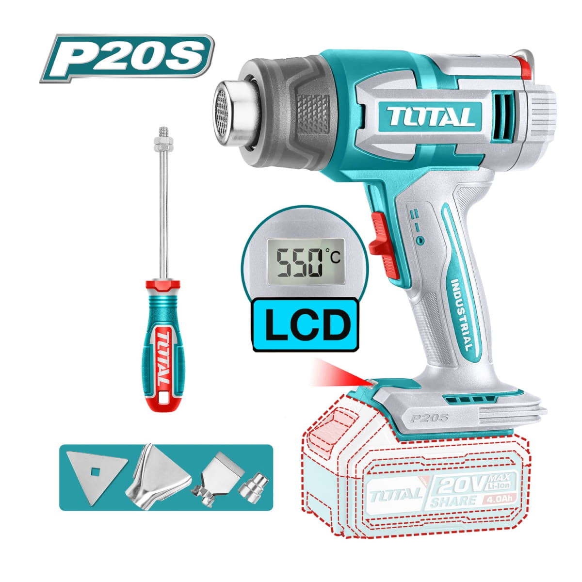 Taladro percutor 66nm + llave de impacto + pistola de calor + herramienta multifunción Total3