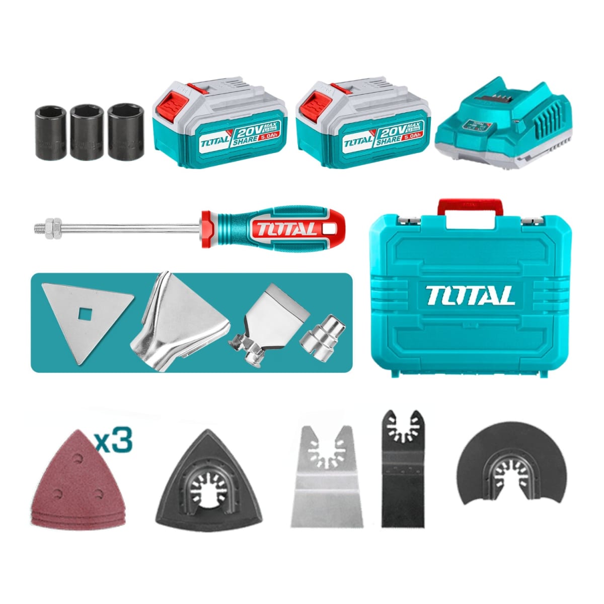 Taladro percutor 66nm + llave de impacto + pistola de calor + herramienta multifunción Total7