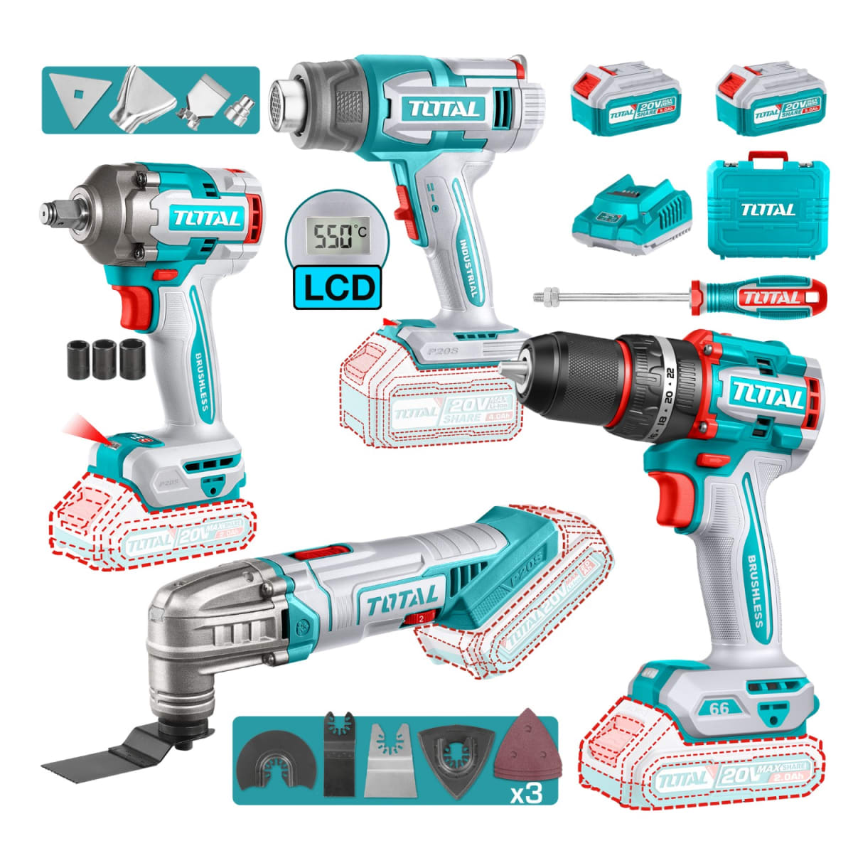 Taladro percutor 66nm + llave de impacto + pistola de calor + herramienta multifunción Total1