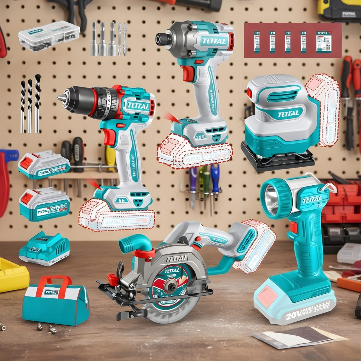 Taladro percutor 66nm + sierra circular + atornillador 285nm + lijadora y linterna Total9