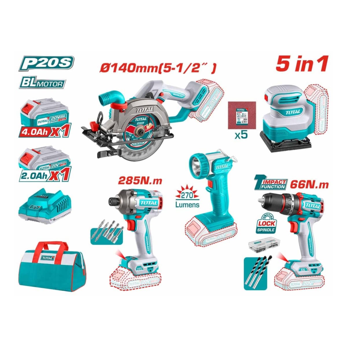 Taladro percutor 66nm + sierra circular + atornillador 285nm + lijadora y linterna Total3