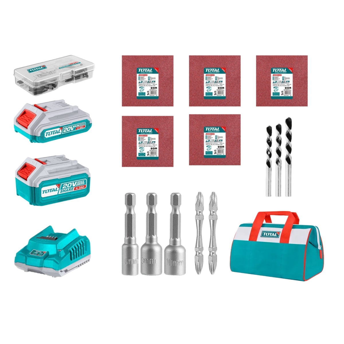 Taladro percutor 66nm + sierra circular + atornillador 285nm + lijadora y linterna Total8