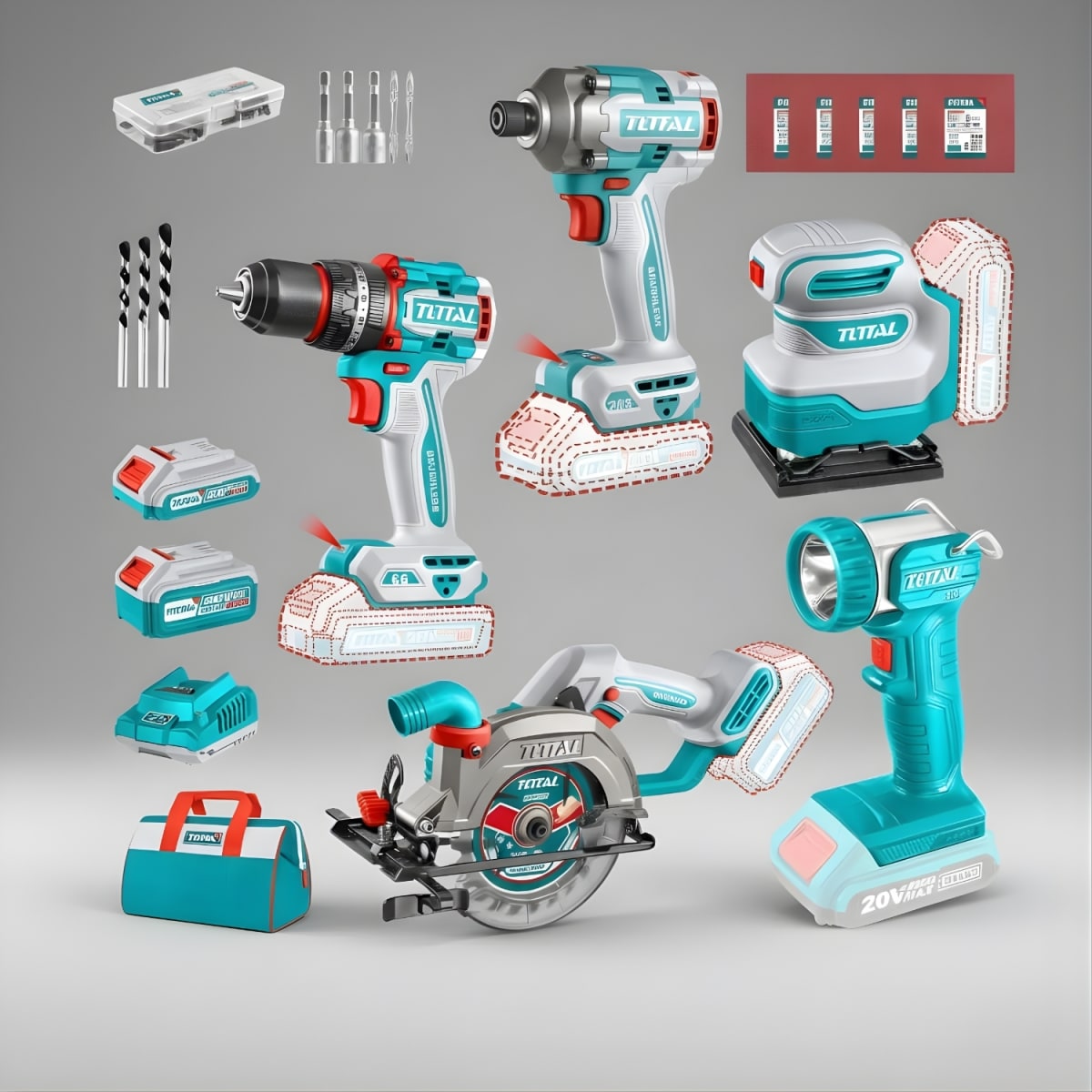 Taladro percutor 66nm + sierra circular + atornillador 285nm + lijadora y linterna Total2