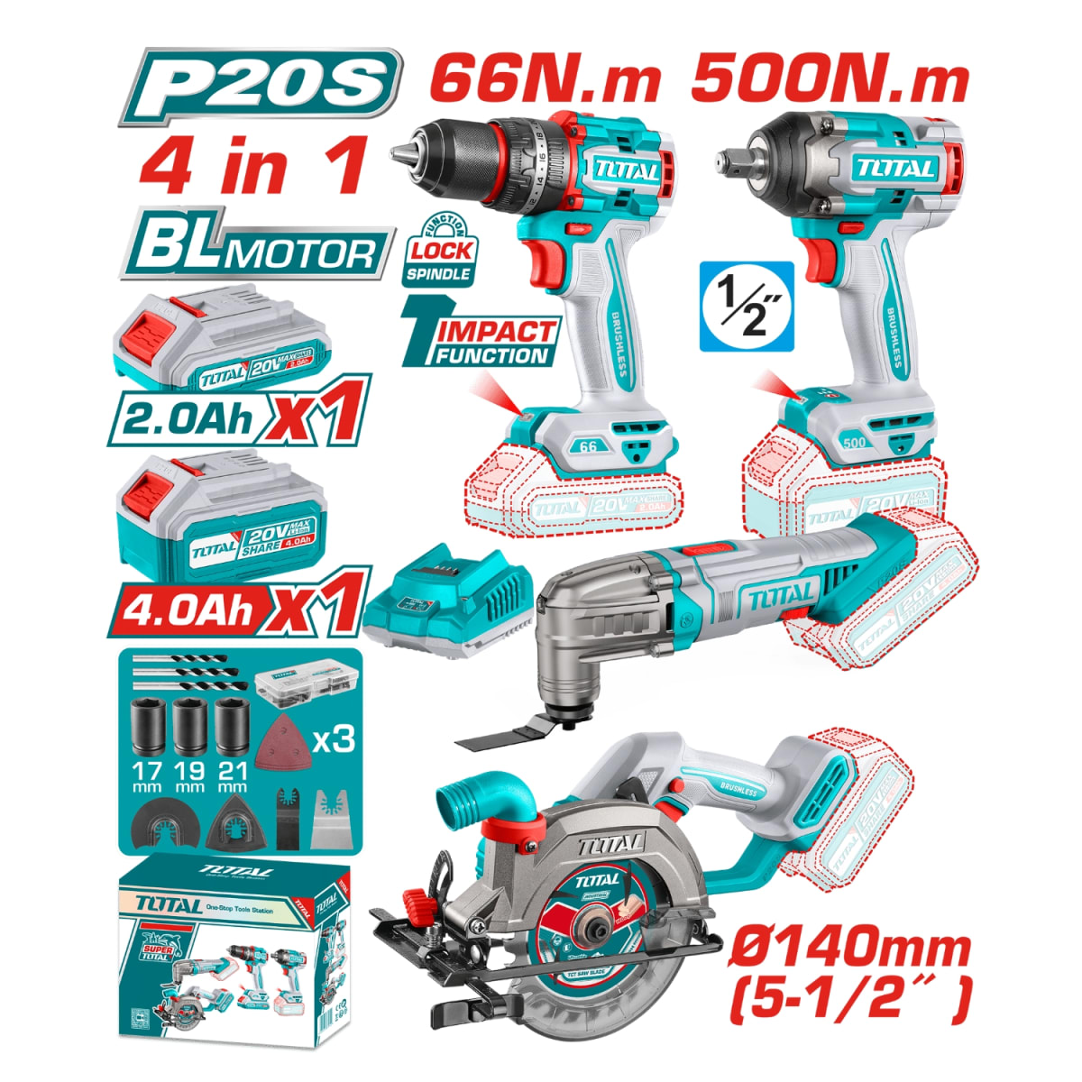Combo 4 en 1 Taladro 66nm + Llave de Impacto 500nm + Sierra Circular + H.Multi 20V Total2