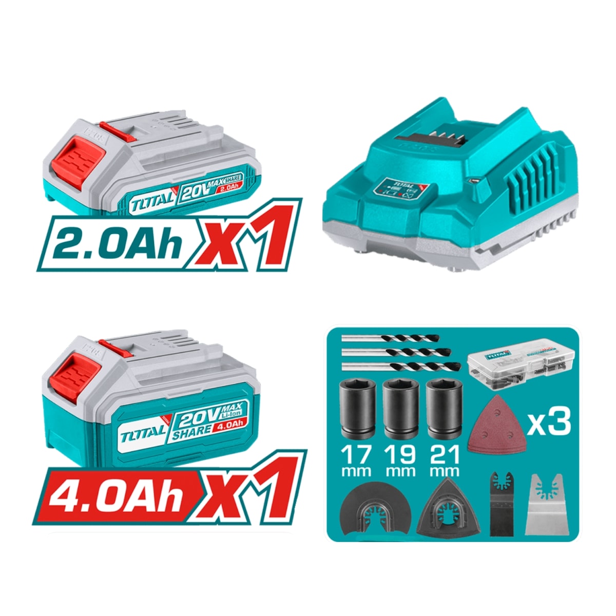 Combo 4 en 1 Taladro 66nm + Llave de Impacto 500nm + Sierra Circular + H.Multi 20V Total7