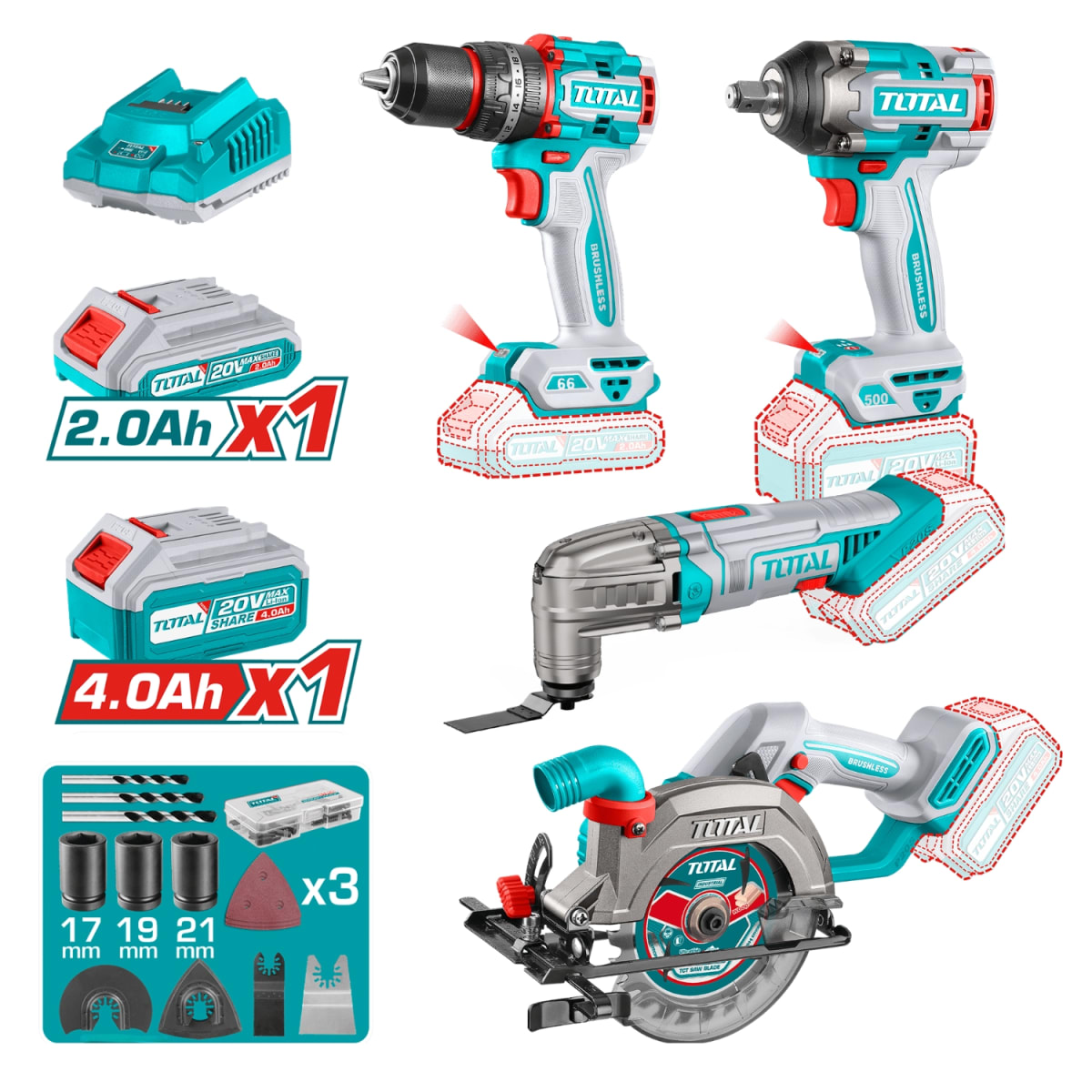 Combo 4 en 1 Taladro 66nm + Llave de Impacto 500nm + Sierra Circular + H.Multi 20V Total1