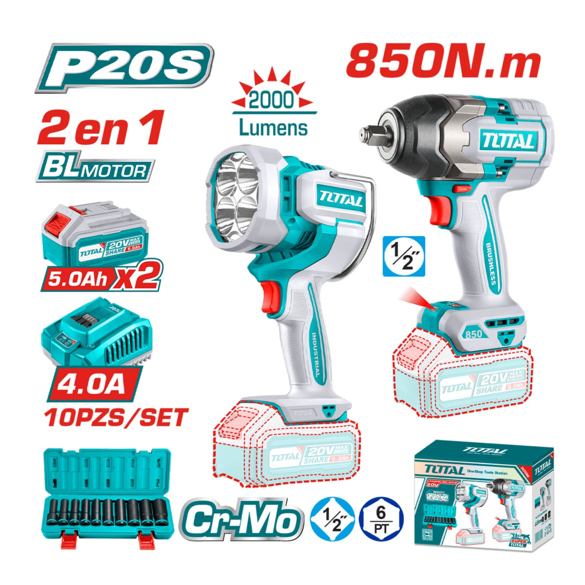 Combo llave de impacto 850Nm + linterna Total2