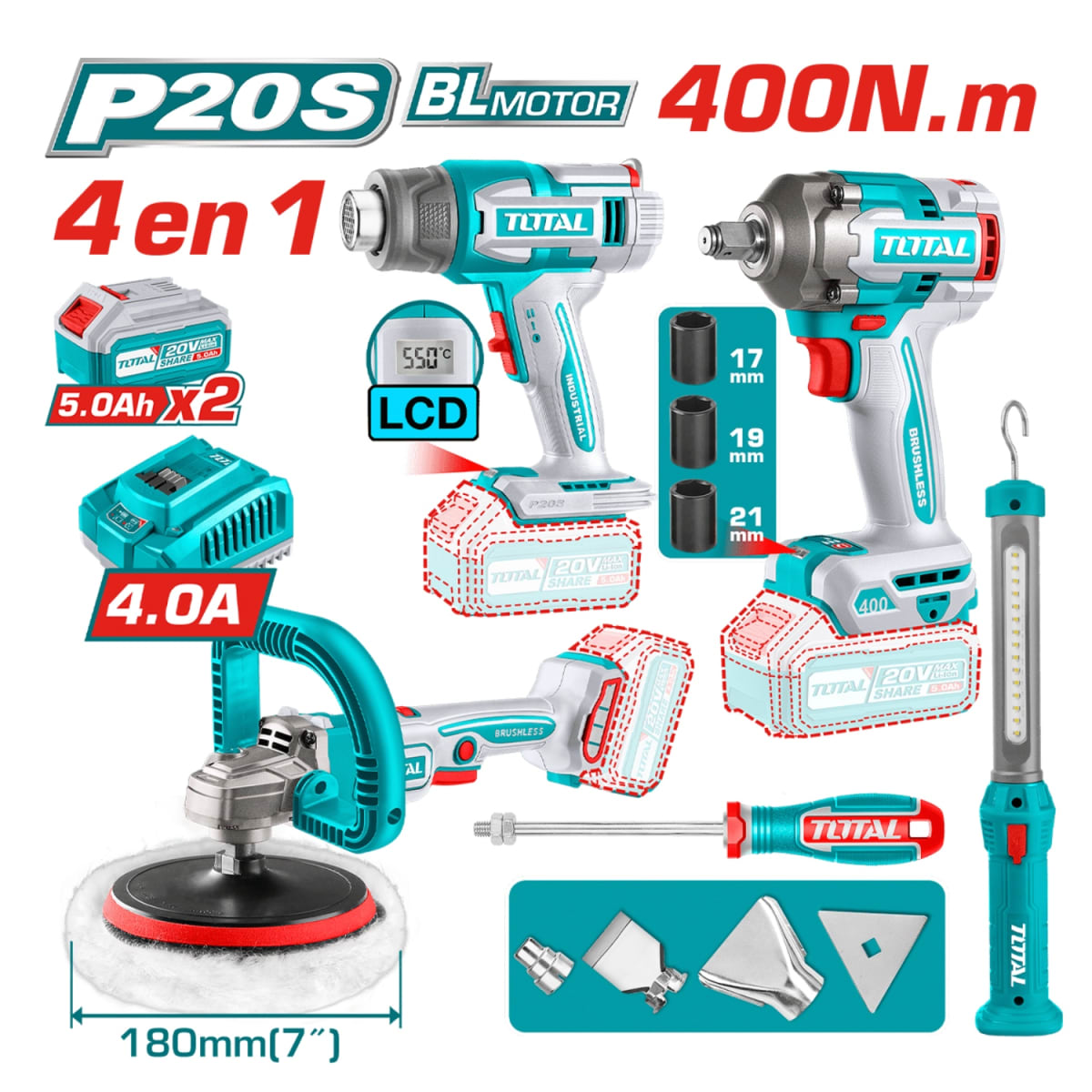 Combo 4 en 1 Llave de Impacto 400nm + Pulidora + Pistola de Calor + Linterna 20v Total4