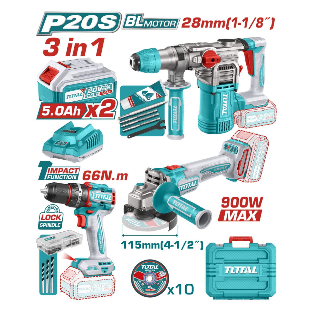 Taladro Percutor 66Nm + Rotomartillo + Amoladora industrial Total2