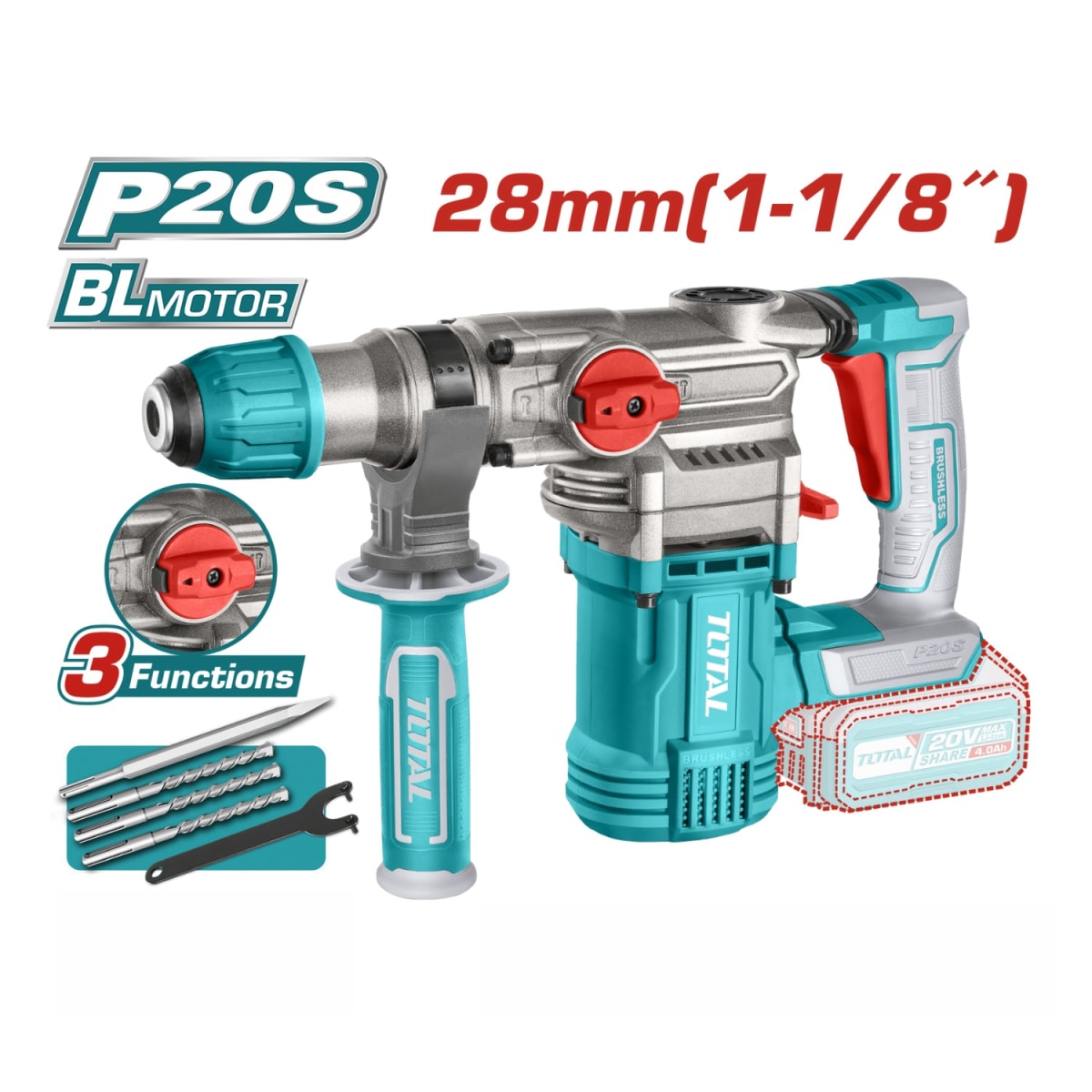 Taladro Percutor 66Nm + Rotomartillo + Amoladora industrial Total4