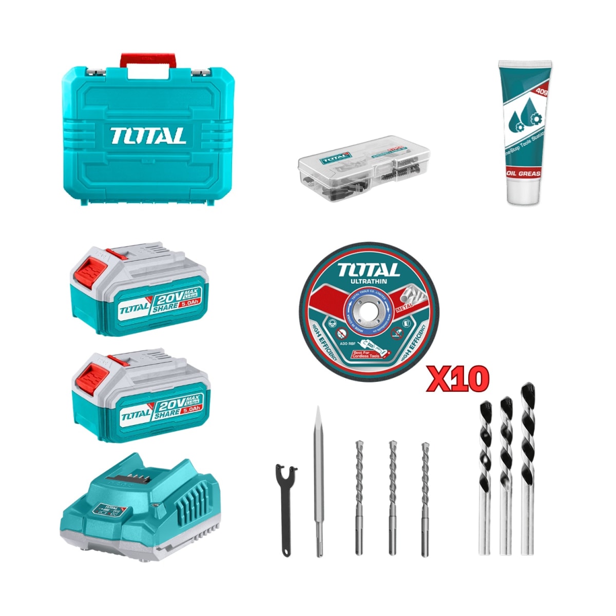 Taladro Percutor 66Nm + Rotomartillo + Amoladora industrial Total3