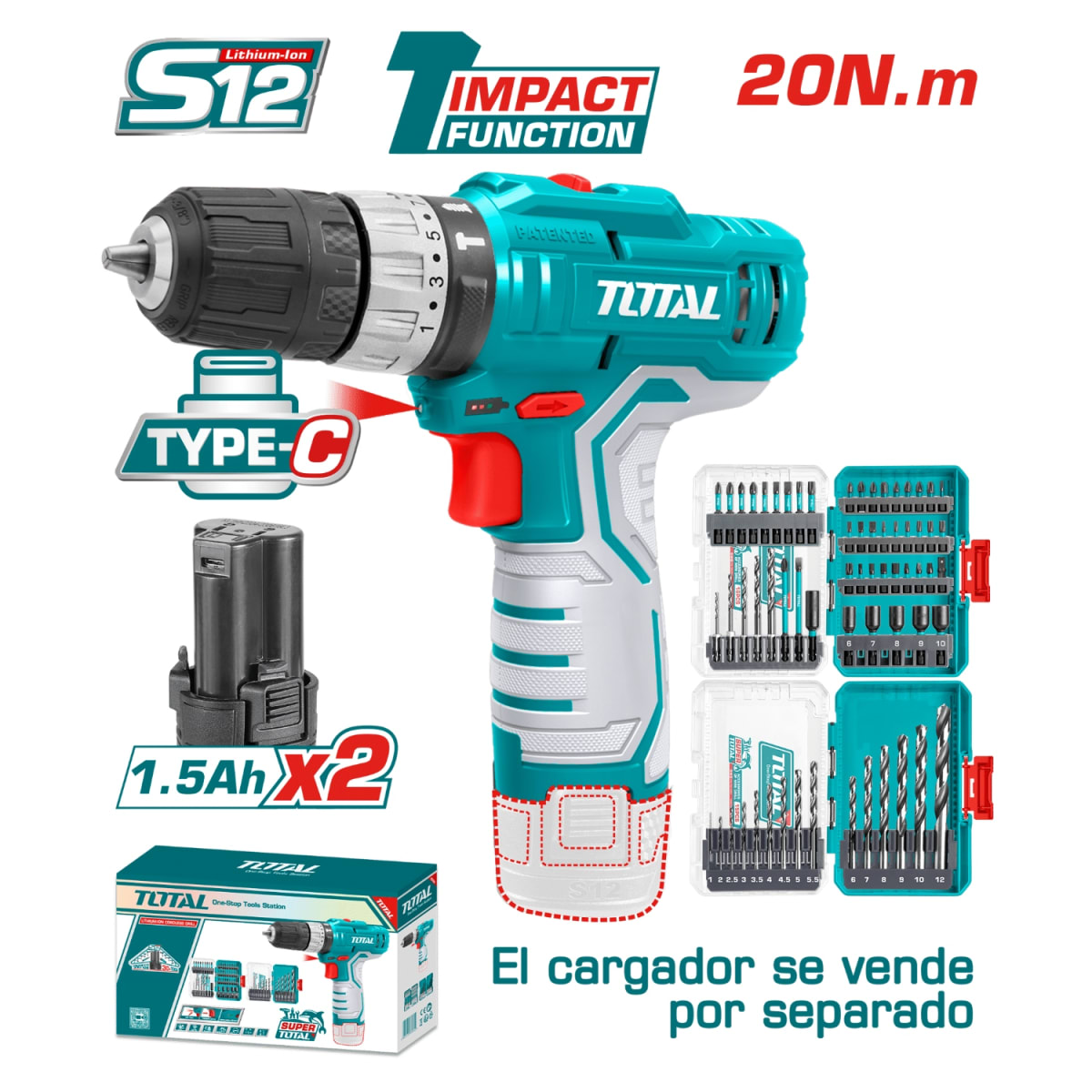 Taladro Percutor 20nm 12v + Set de Brocas Total2