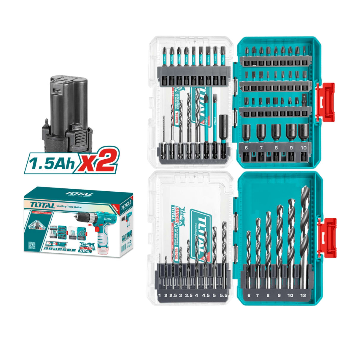 Taladro Percutor 20nm 12v + Set de Brocas Total3