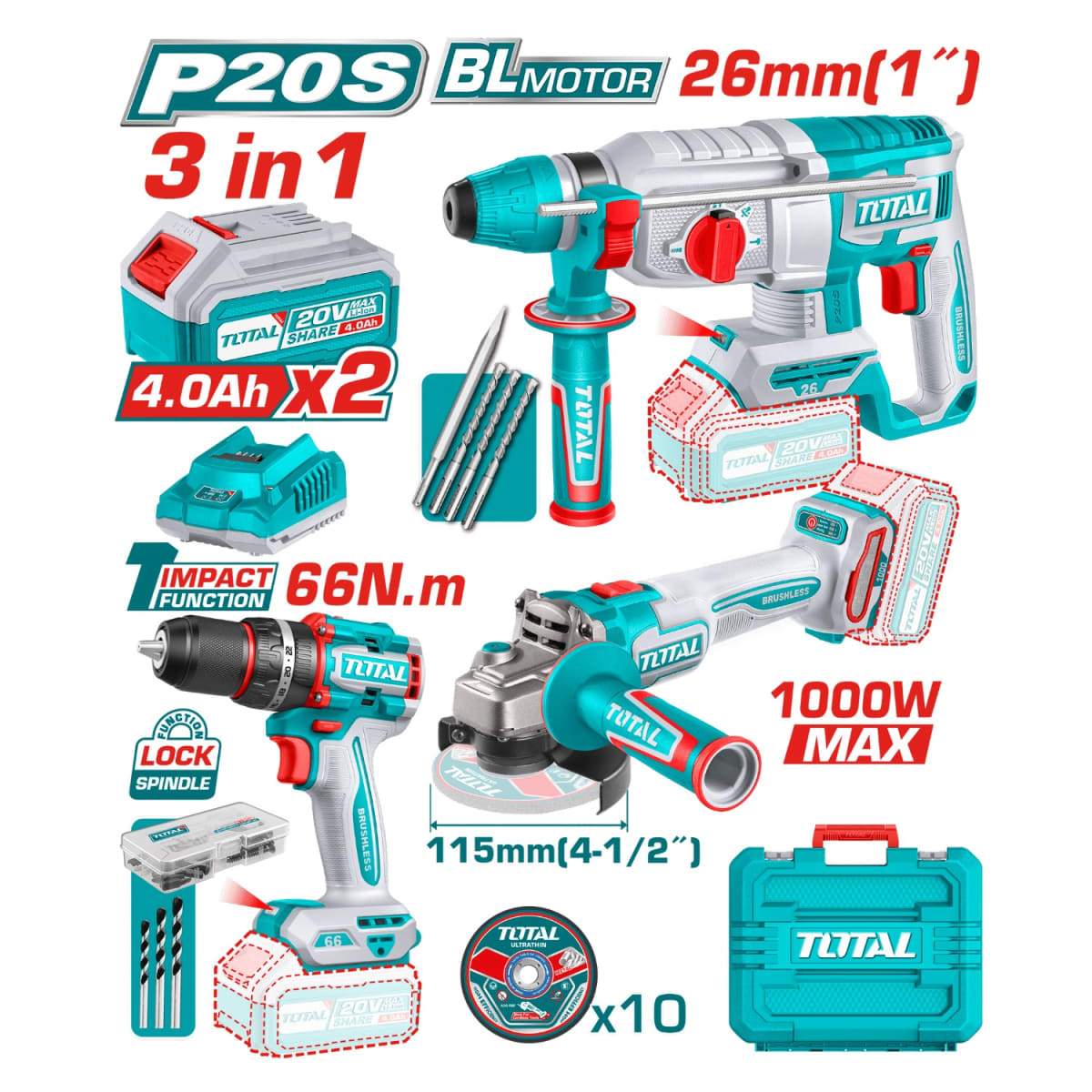 Mega Combo Industrial Taladro + Amoladora + Rotomartillo Total2