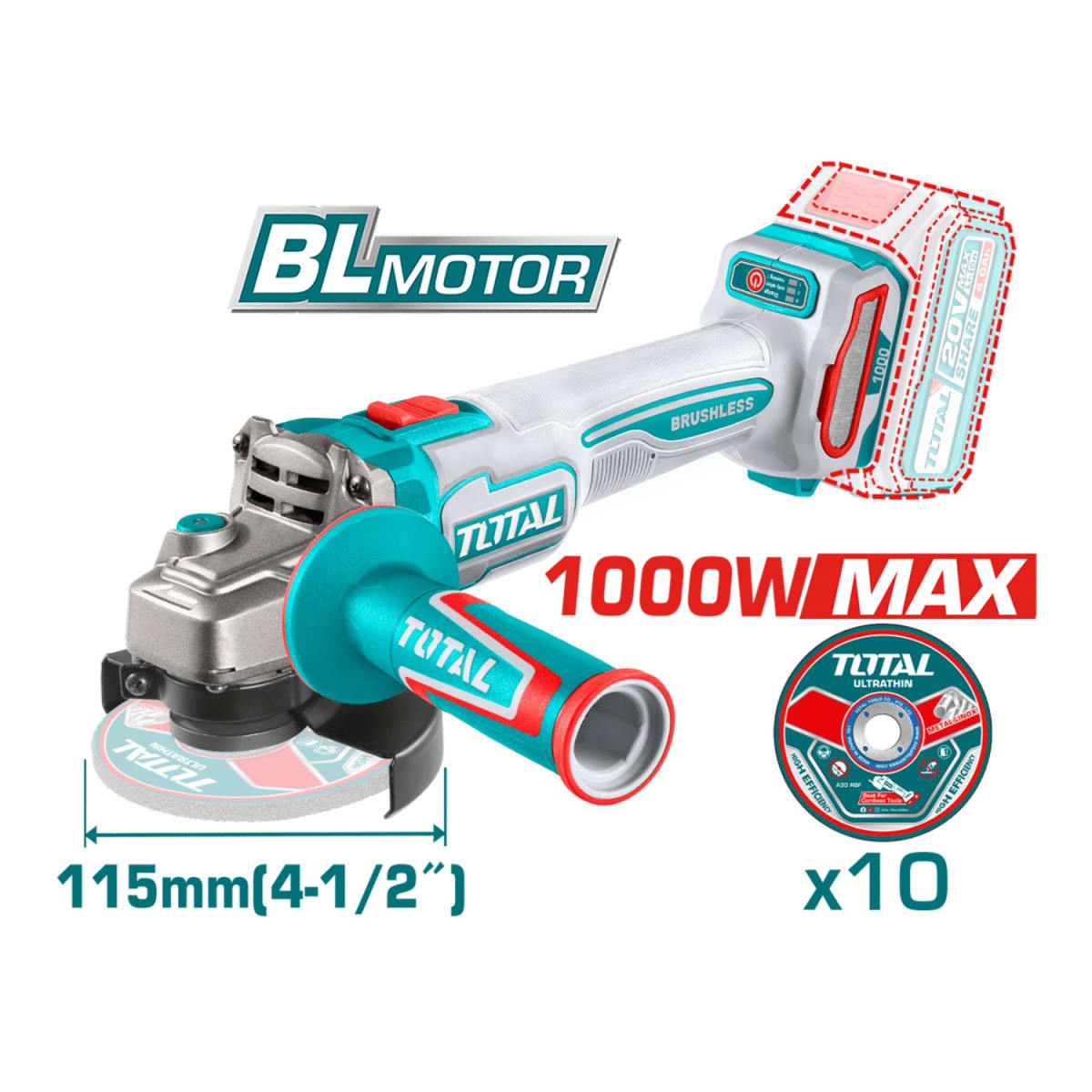 Combo Taladro 66N.M. + Amoladora y Llave de Impacto 20V Total5