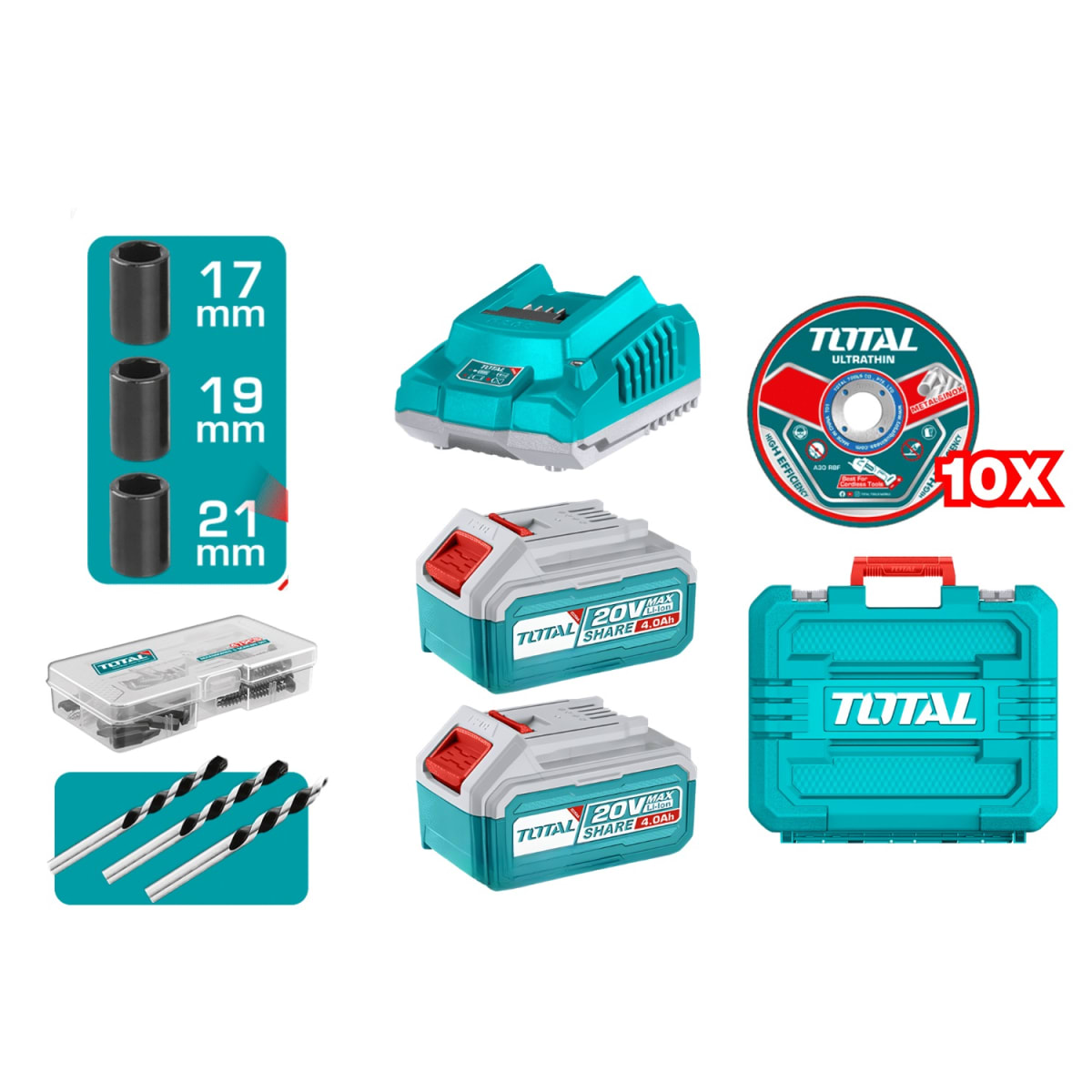 Combo Taladro 66N.M. + Amoladora y Llave de Impacto 20V Total8