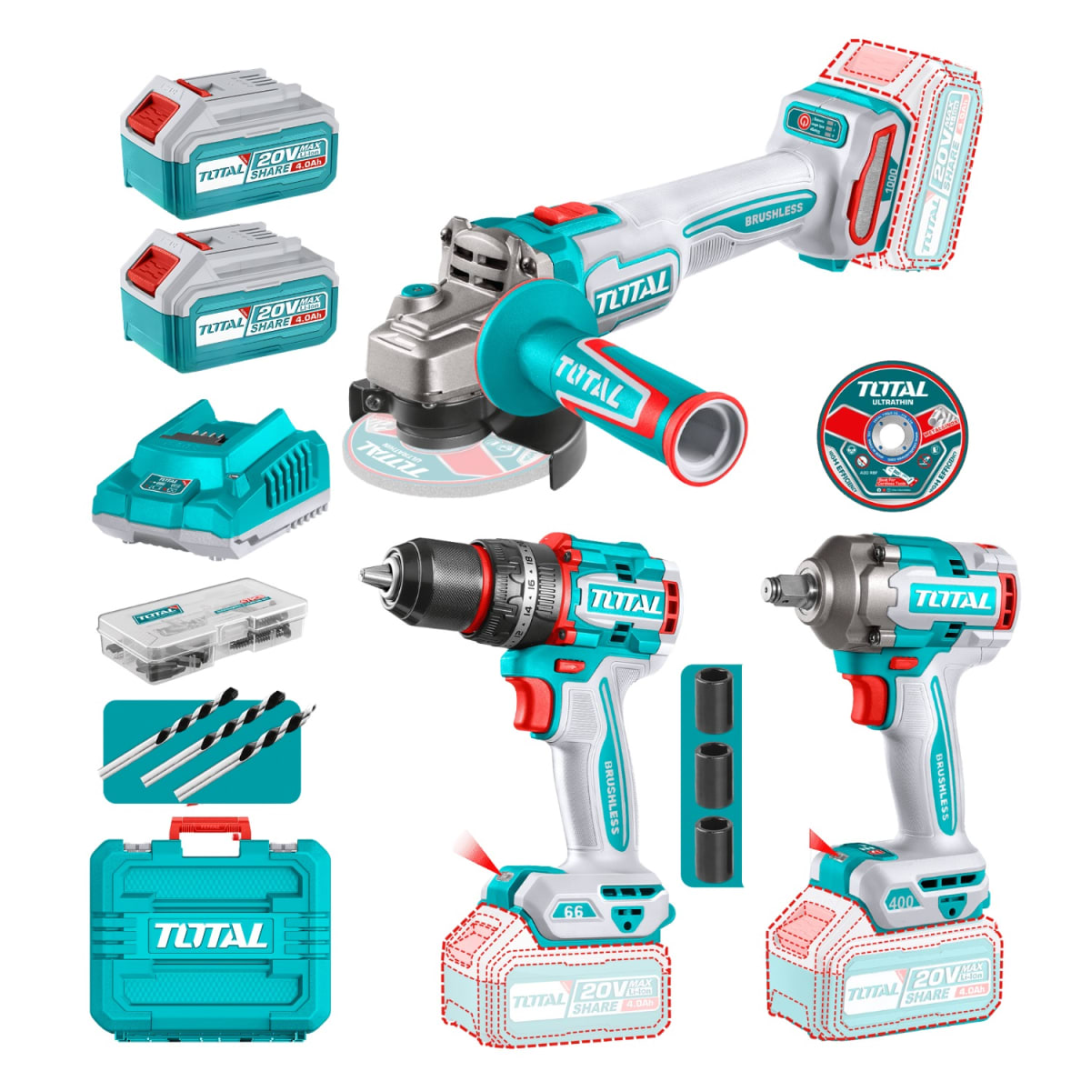 Combo Taladro 66N.M. + Amoladora y Llave de Impacto 20V Total1