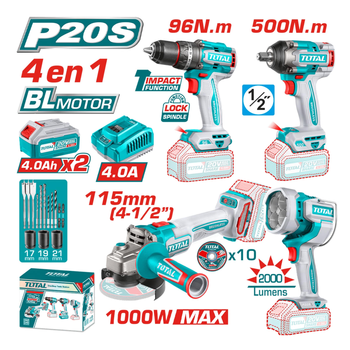 Combo 4 en 1 Taladro 96nm + Llave de impaccto 500nm + Amoladora + Linterna 20v Total2