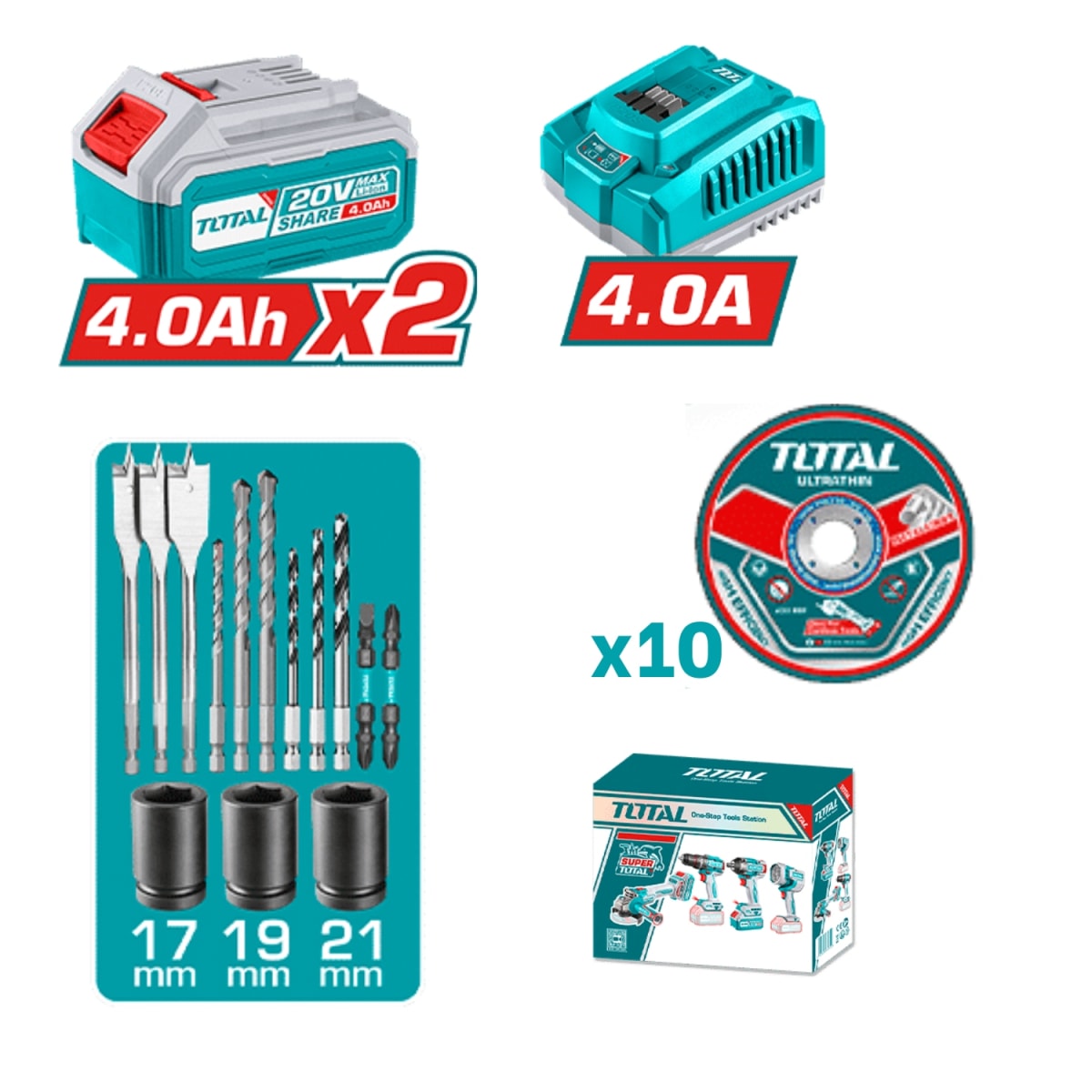 Combo 4 en 1 Taladro 96nm + Llave de impaccto 500nm + Amoladora + Linterna 20v Total7