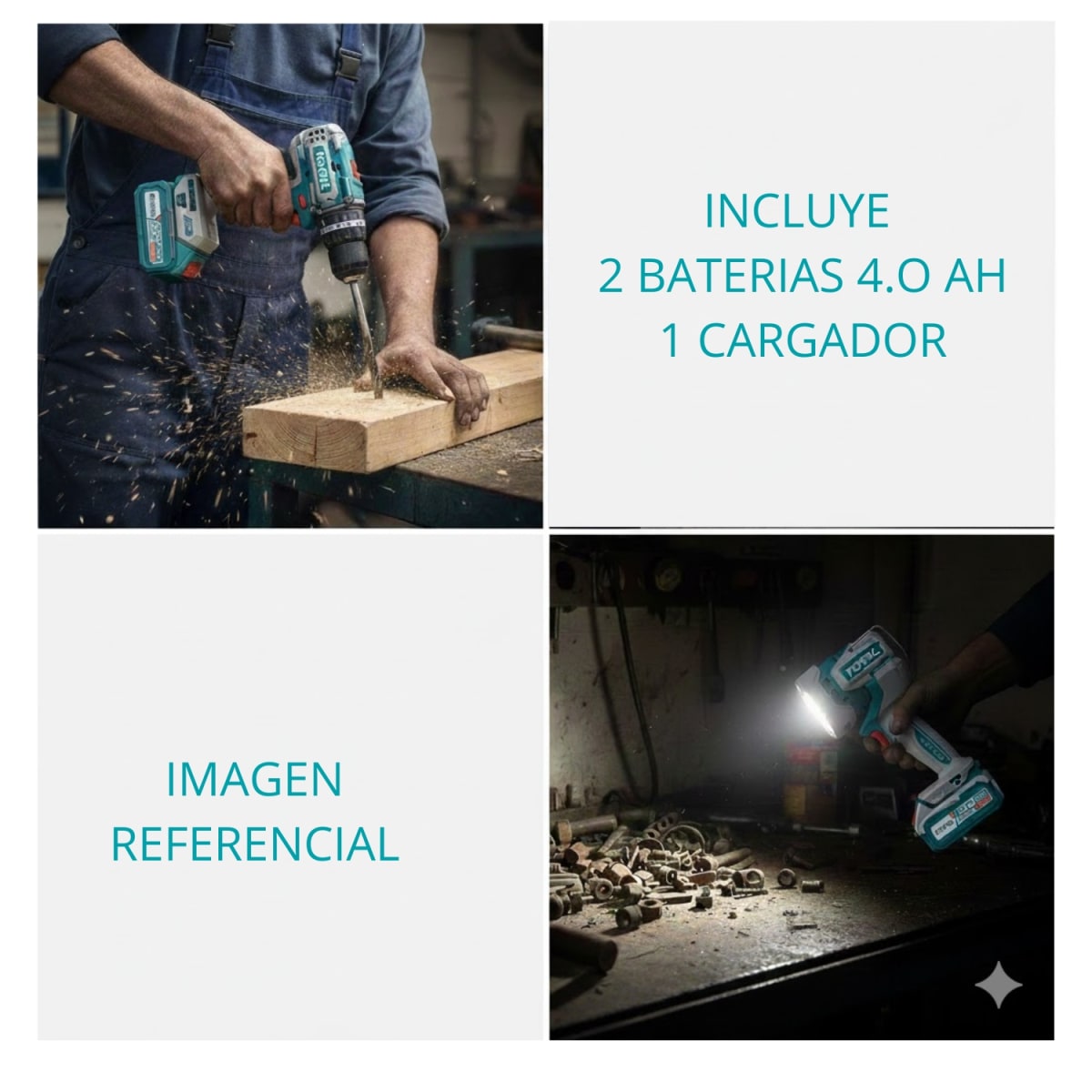 Combo 4 en 1 Taladro 96nm + Llave de impaccto 500nm + Amoladora + Linterna 20v Total8