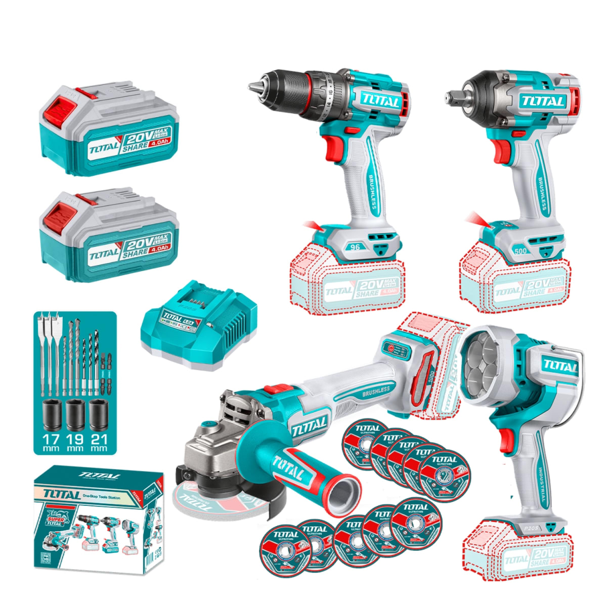 Combo 4 en 1 Taladro 96nm + Llave de impaccto 500nm + Amoladora + Linterna 20v Total1