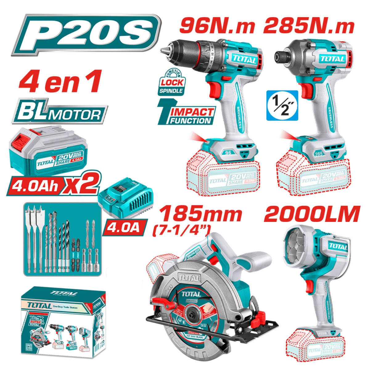 Combo 20V Taladro + Sierra Circular + Atornillador Impacto + Linterna Total2