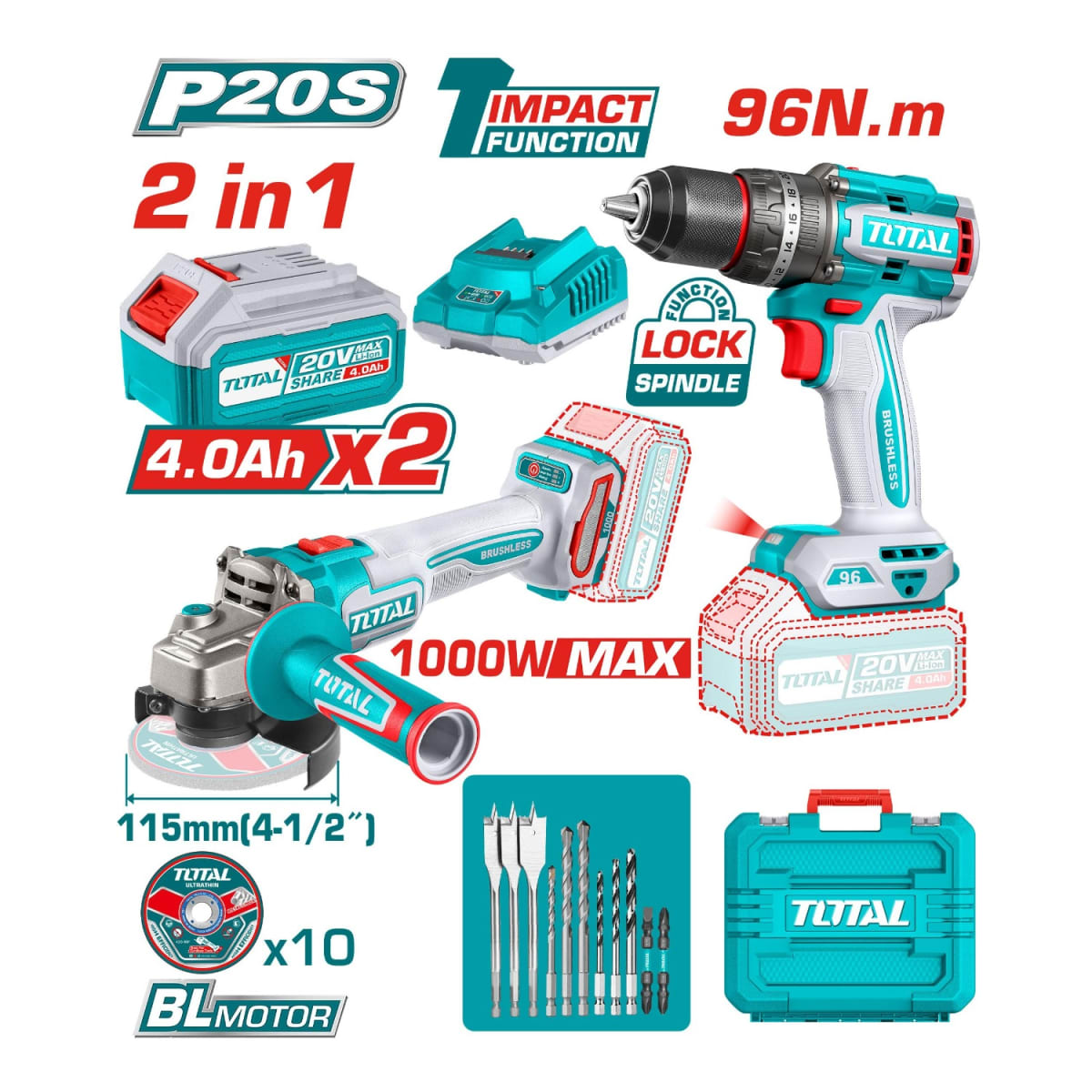 Combo Taladro 96nm y Amoladora 20v Brushless Industrial Total4