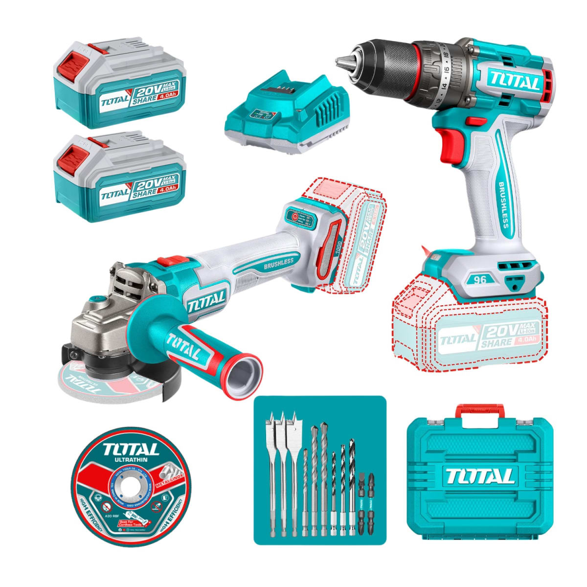 Combo Taladro 96nm y Amoladora 20v Brushless Industrial Total1