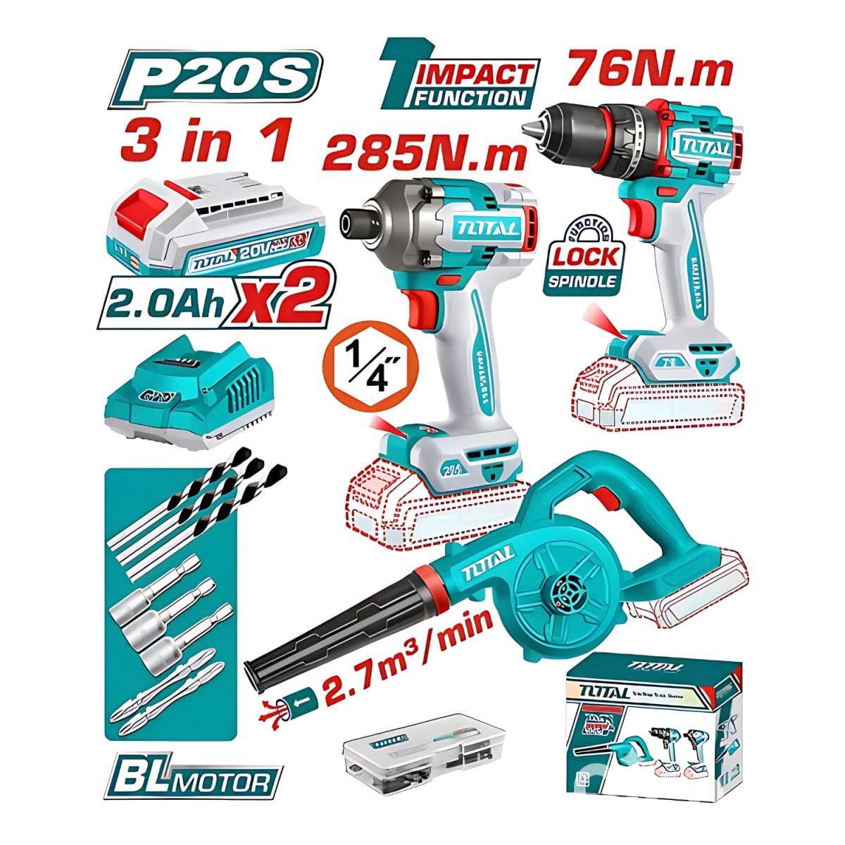 Combo Taladro percutor 76Nm + Atornillador de Impacto 285Nm + Sopladora 20V Total2