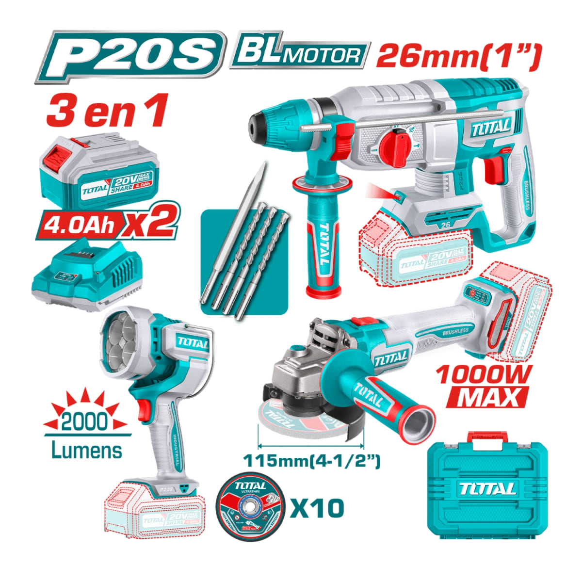 Combo Rotomartillo 2.5j + Amoladora 1000w + Linterna 20v Total2
