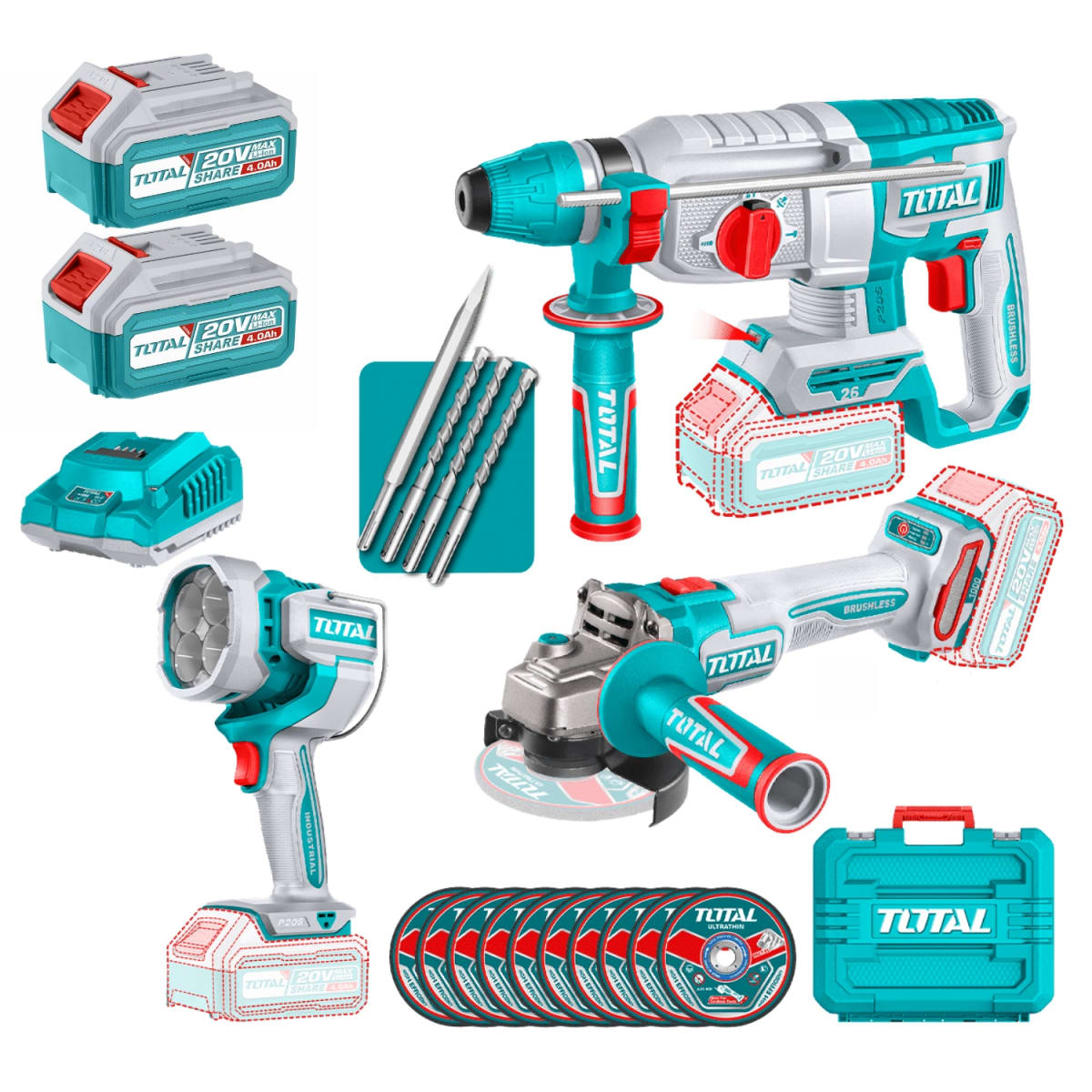 Combo Rotomartillo 2.5j + Amoladora 1000w + Linterna 20v Total1