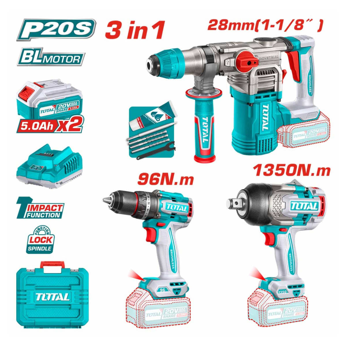 Mega Combo PRO Taladro 96N.m. + Rotomartillo + Llave de Impacto 3/4