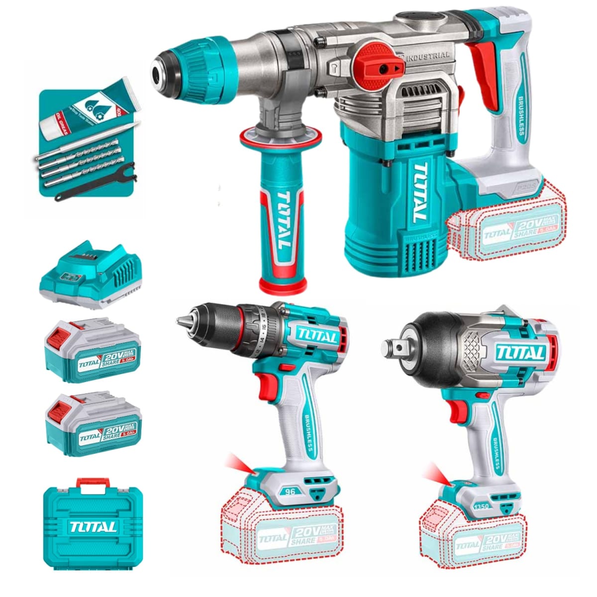 Mega Combo PRO Taladro 96N.m. + Rotomartillo + Llave de Impacto 3/4