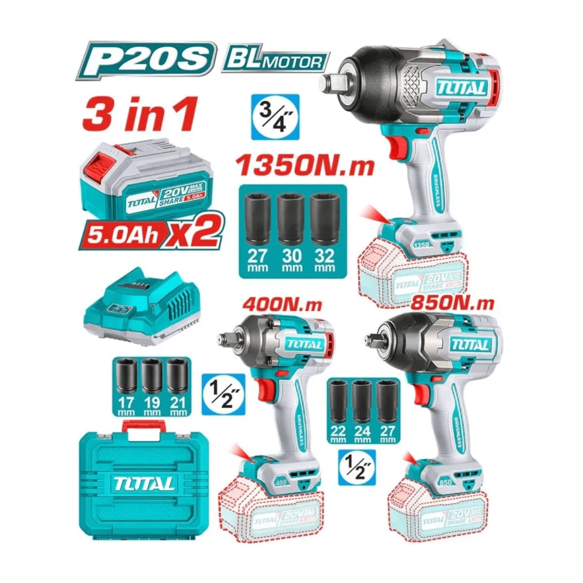 Combo 3 en 1 Llave de Impacto de 1350nm + 850nm + 400nm Total2